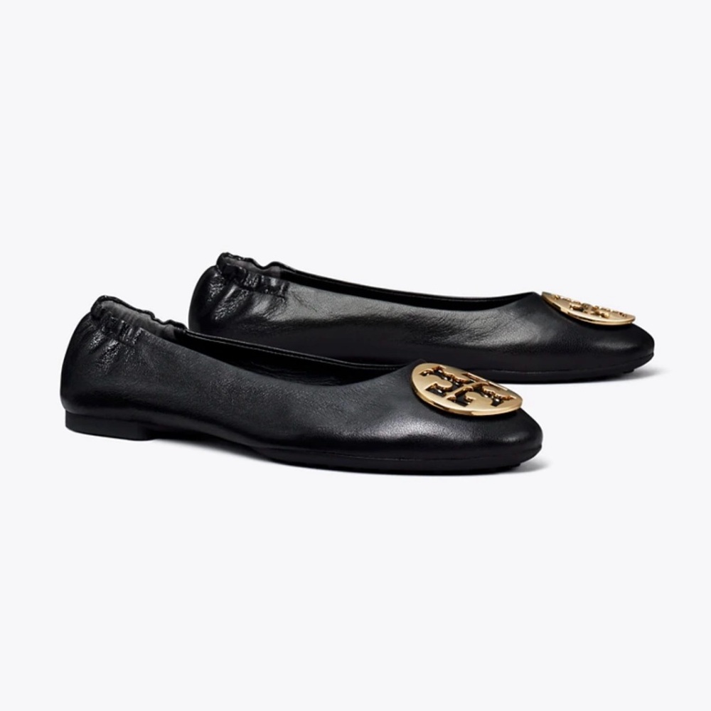 Tory Burch Black Flats with Gold Emblem